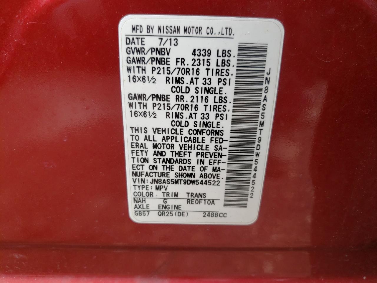 Photo 10 from auction – 2013 NISSAN ROGUE S with VIN JN8AS5MT9DW544522