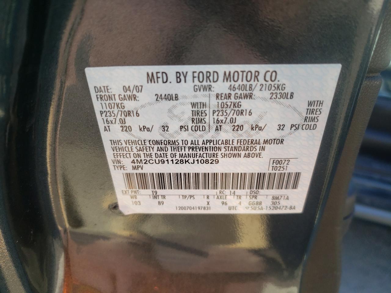 Photo 10 from auction – 2008 MERCURY MARINER with VIN 4M2CU91128KJ10829