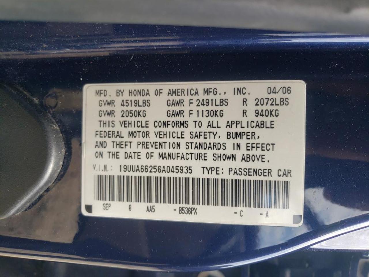 Photo 10 from auction – 2006 ACURA 3.2TL with VIN 19UUA66256A045935