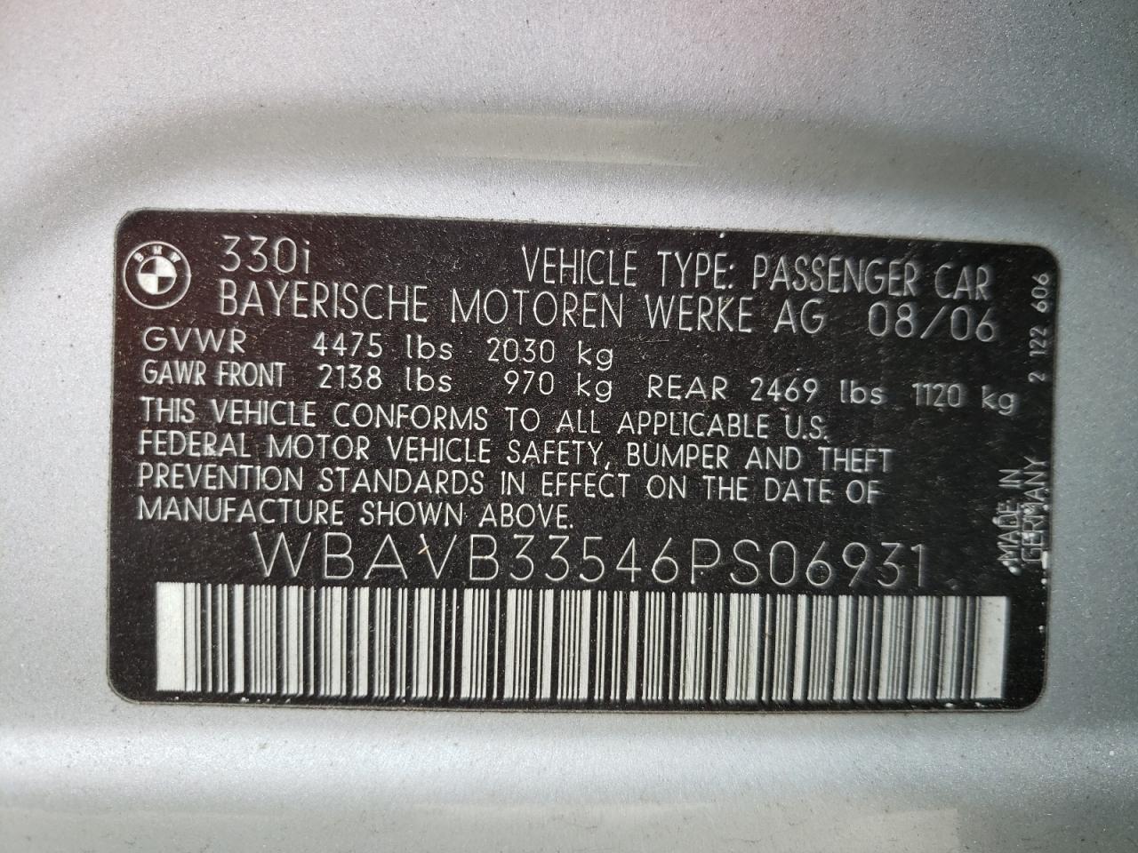 Photo 10 from auction – 2006 BMW 330 I with VIN WBAVB33546PS06931