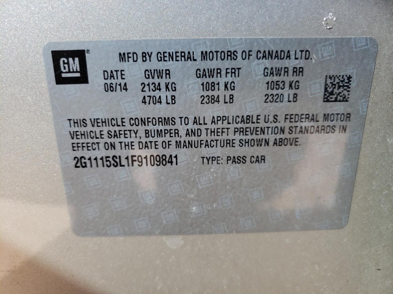 Foto 10 de la subasta – 2015 CHEVROLET IMPALA LT con VIN 2G1115SL1F9109841