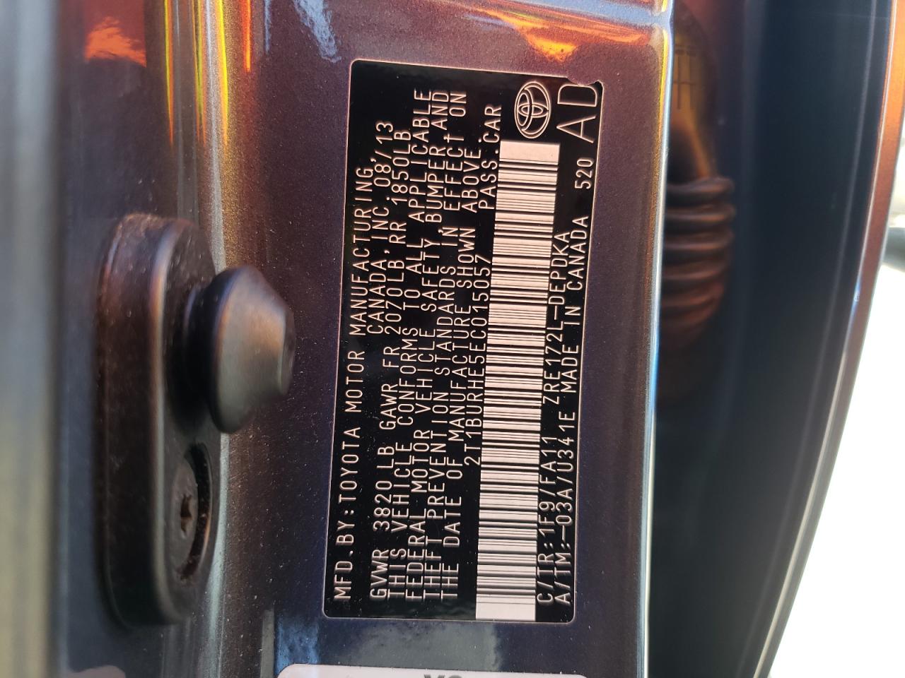 Photo 10 from auction – 2014 TOYOTA COROLLA L with VIN 2T1BURHE5EC015057