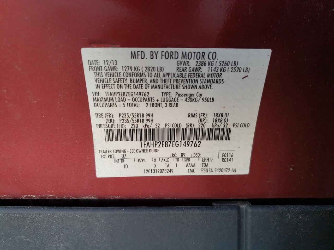Photo 10 from auction – 2014 FORD TAURUS SEL with VIN 1FAHP2E87EG149762