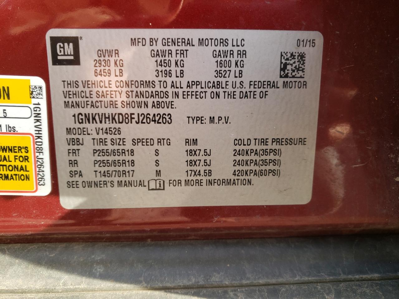 Photo 10 from auction – 2015 CHEVROLET TRAVERSE L with VIN 1GNKVHKD8FJ264263