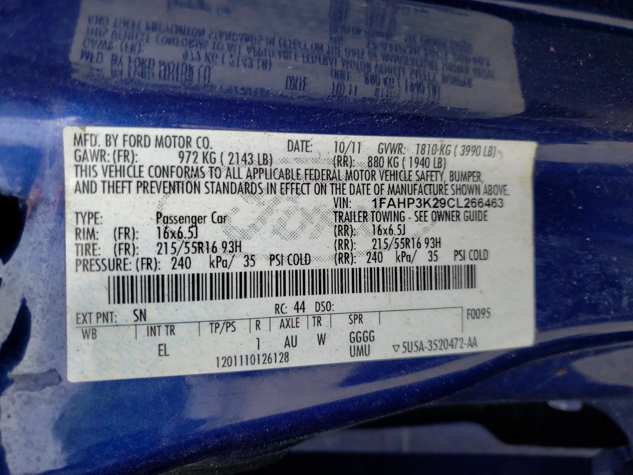 Photo 10 from auction – 2012 FORD FOCUS SE with VIN 1FAHP3K29CL266463