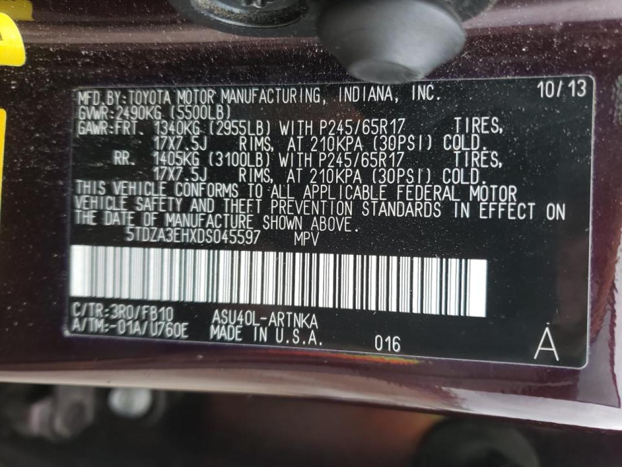 Photo 10 from auction – 2013 TOYOTA HIGHLANDER with VIN 5TDZA3EHXDS045597