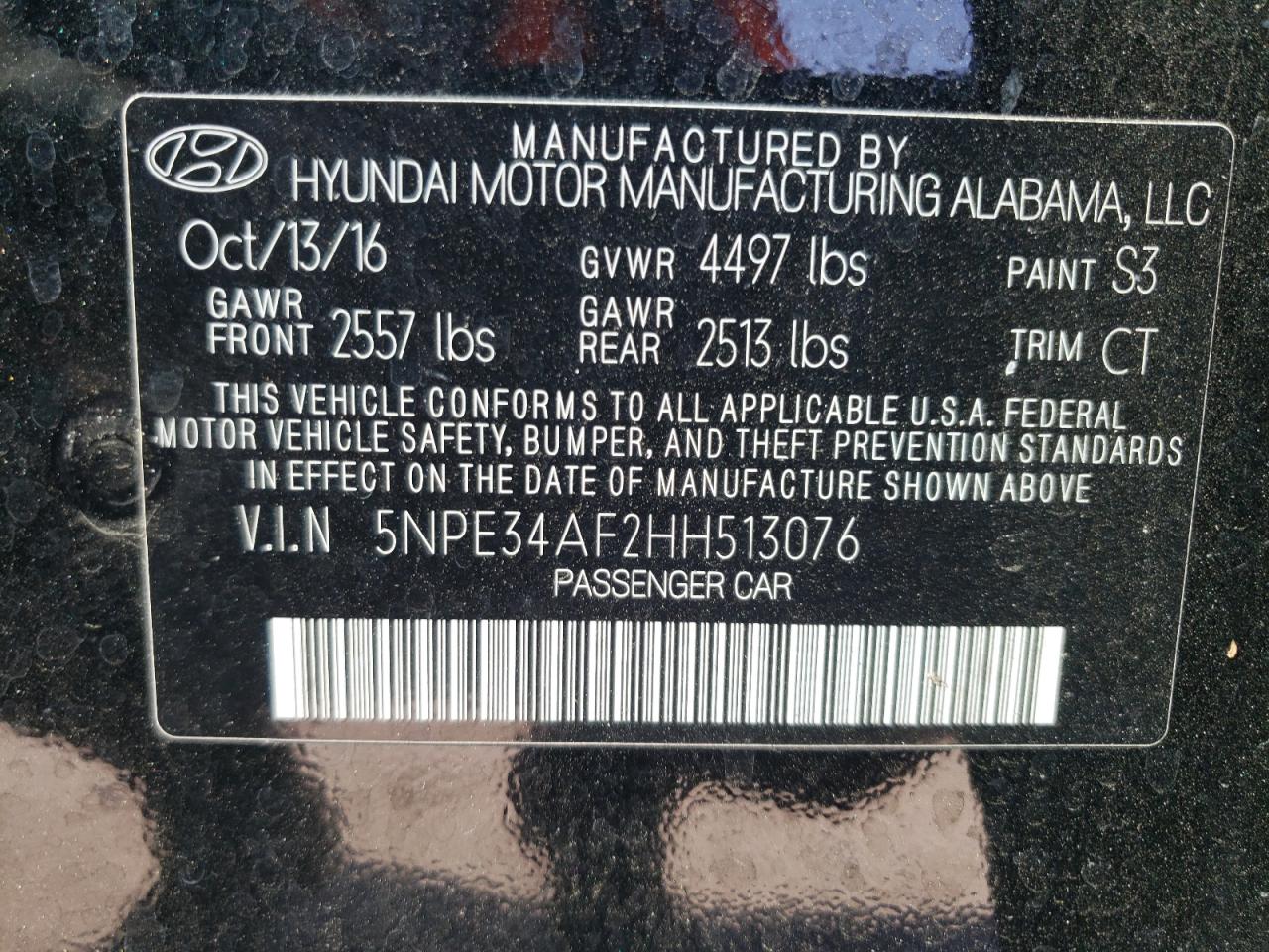 Photo 10 from auction – 2017 HYUNDAI SONATA SPO with VIN 5NPE34AF2HH513076