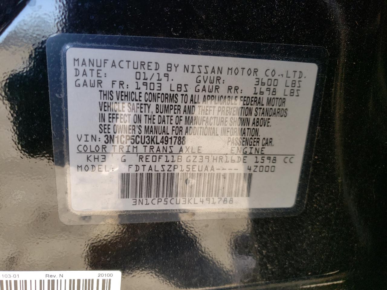 Photo 10 from auction – 2019 NISSAN KICKS S with VIN 3N1CP5CU3KL491788
