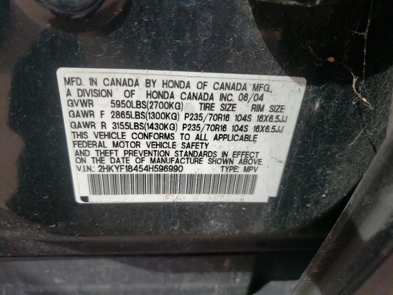 Photo 10 from auction – 2004 HONDA PILOT EX with VIN 2HKYF18454H596990