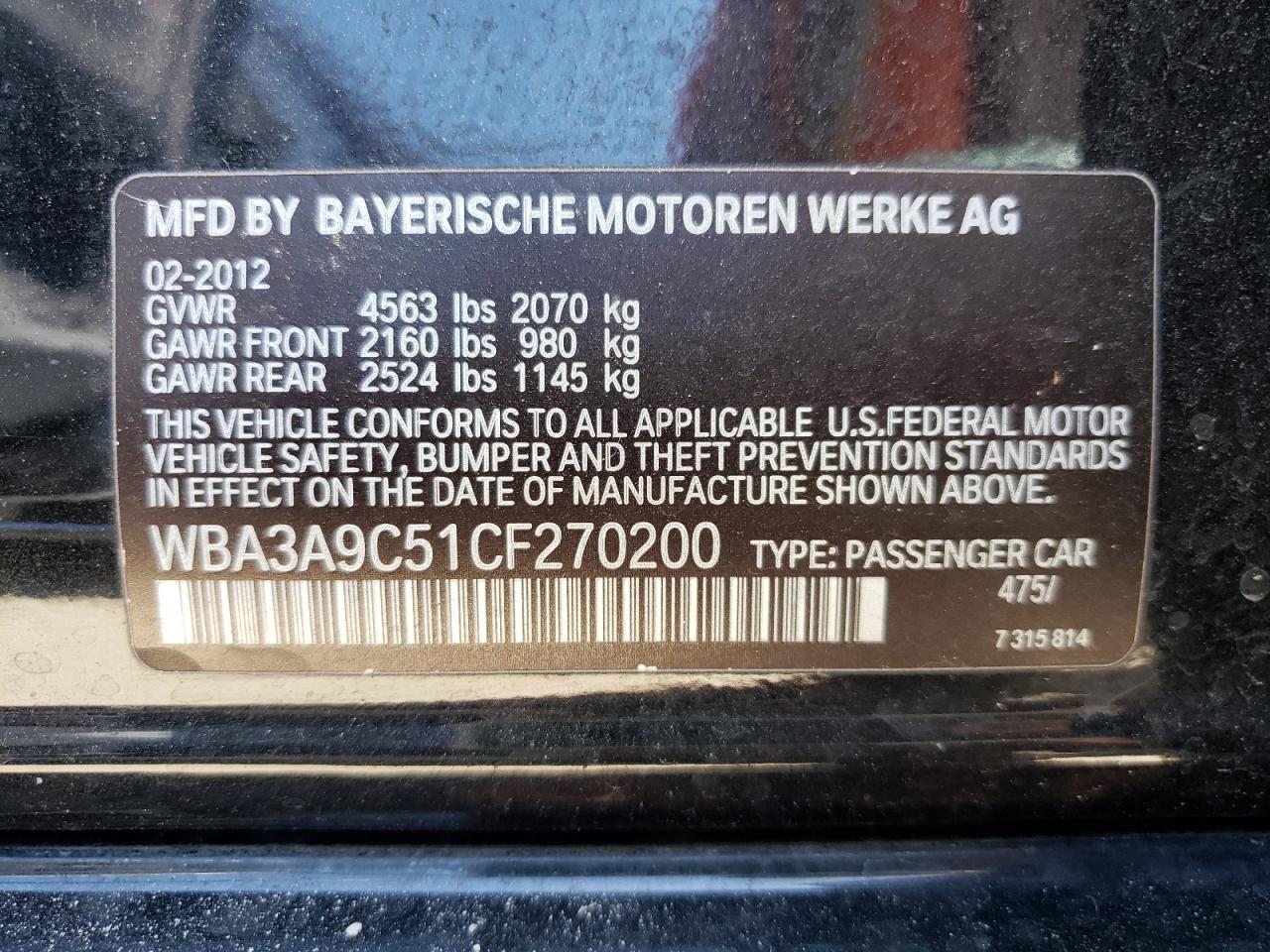 Photo 10 from auction – 2012 BMW 335 I with VIN WBA3A9C51CF270200