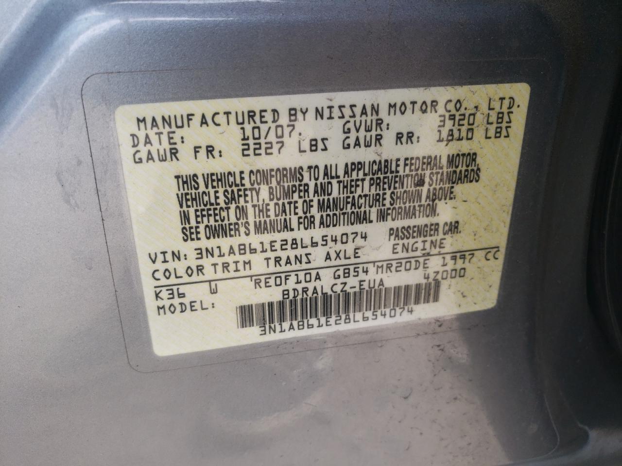 Photo 10 from auction – 2008 NISSAN SENTRA 2.0 with VIN 3N1AB61E28L654074