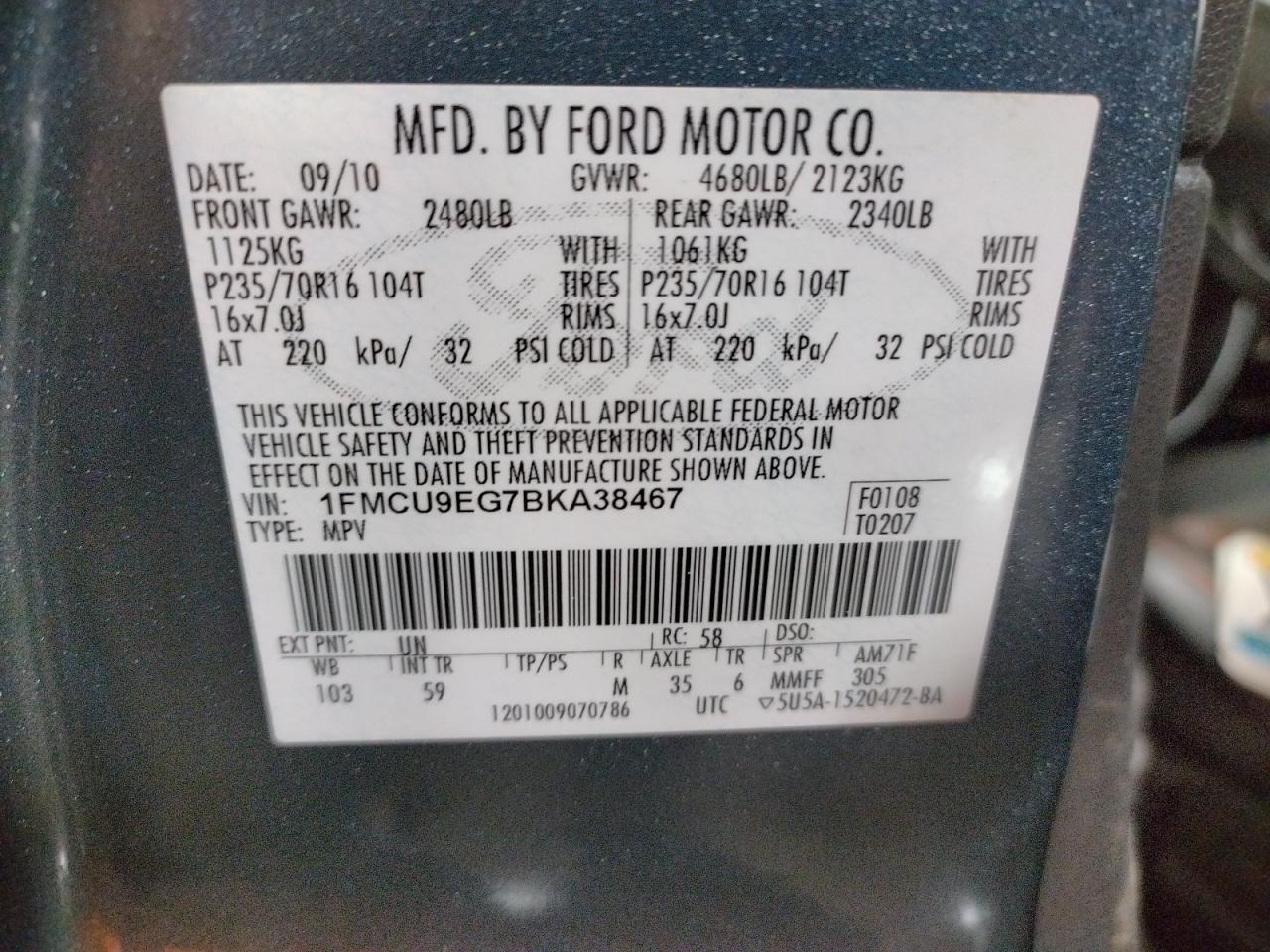 Photo 10 from auction – 2011 FORD ESCAPE LIM with VIN 1FMCU9EG7BKA38467