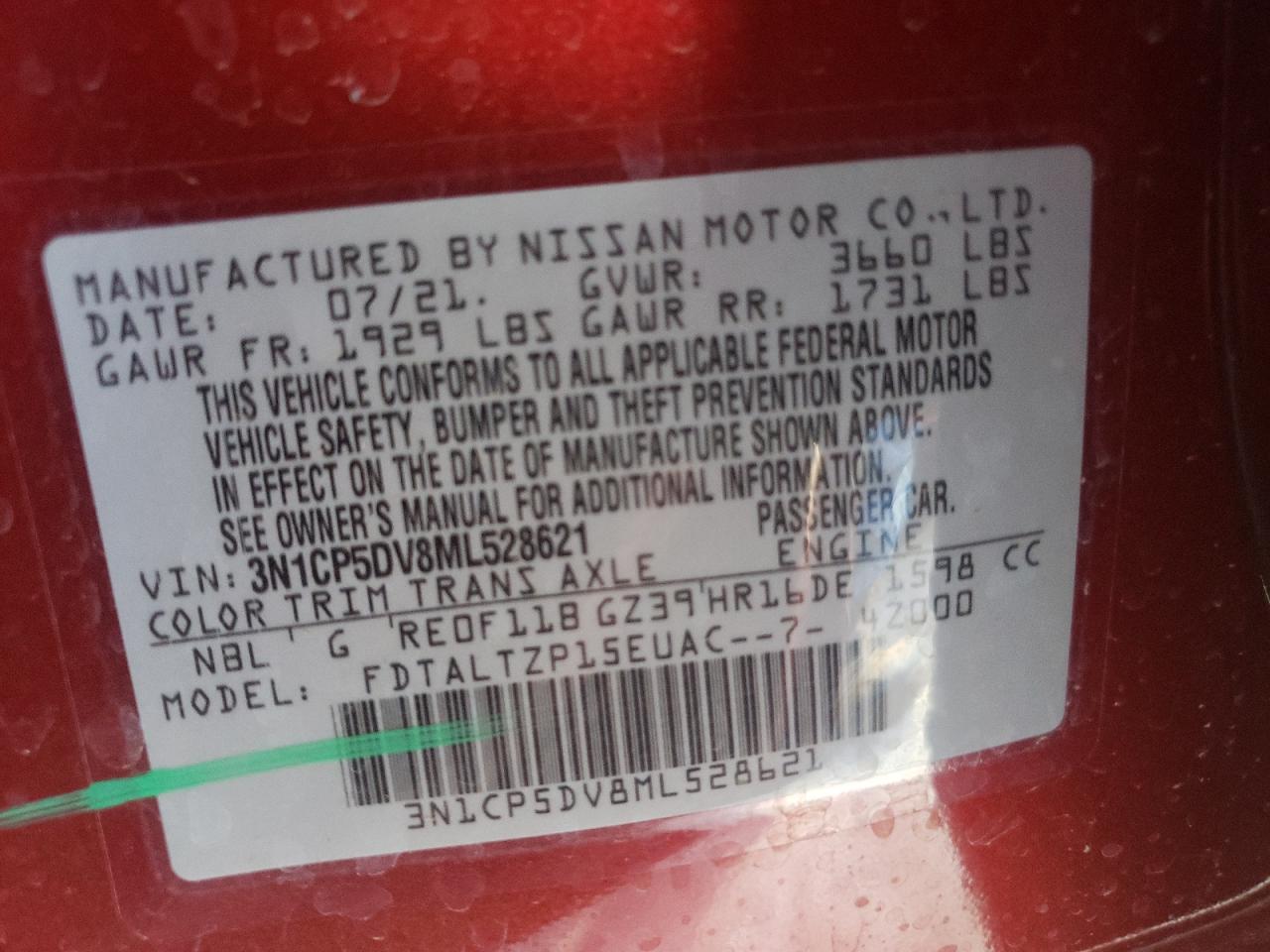 Photo 10 from auction – 2021 NISSAN KICKS SR with VIN 3N1CP5DV8ML528621