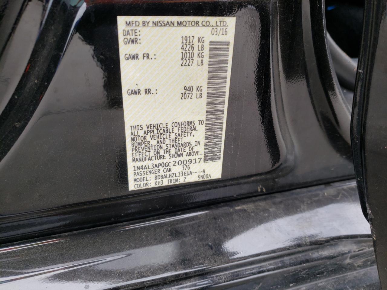 Photo 10 from auction – 2016 NISSAN ALTIMA 2.5 with VIN 1N4AL3AP0GC200917