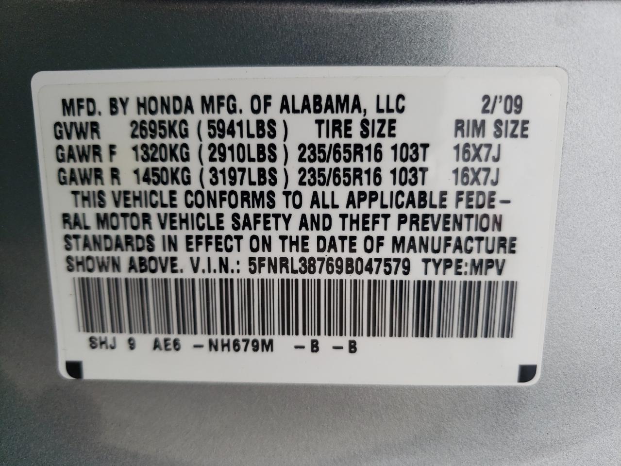 Photo 10 from auction – 2009 HONDA ODYSSEY EX with VIN 5FNRL38769B047579