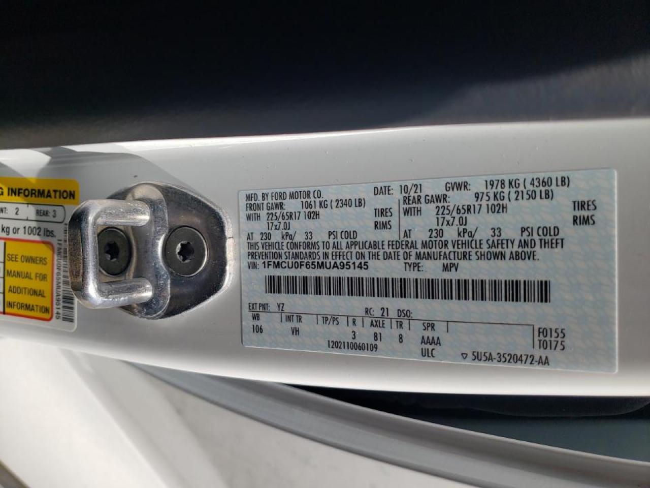 Photo 10 from auction – 2021 FORD ESCAPE S with VIN 1FMCU0F65MUA95145