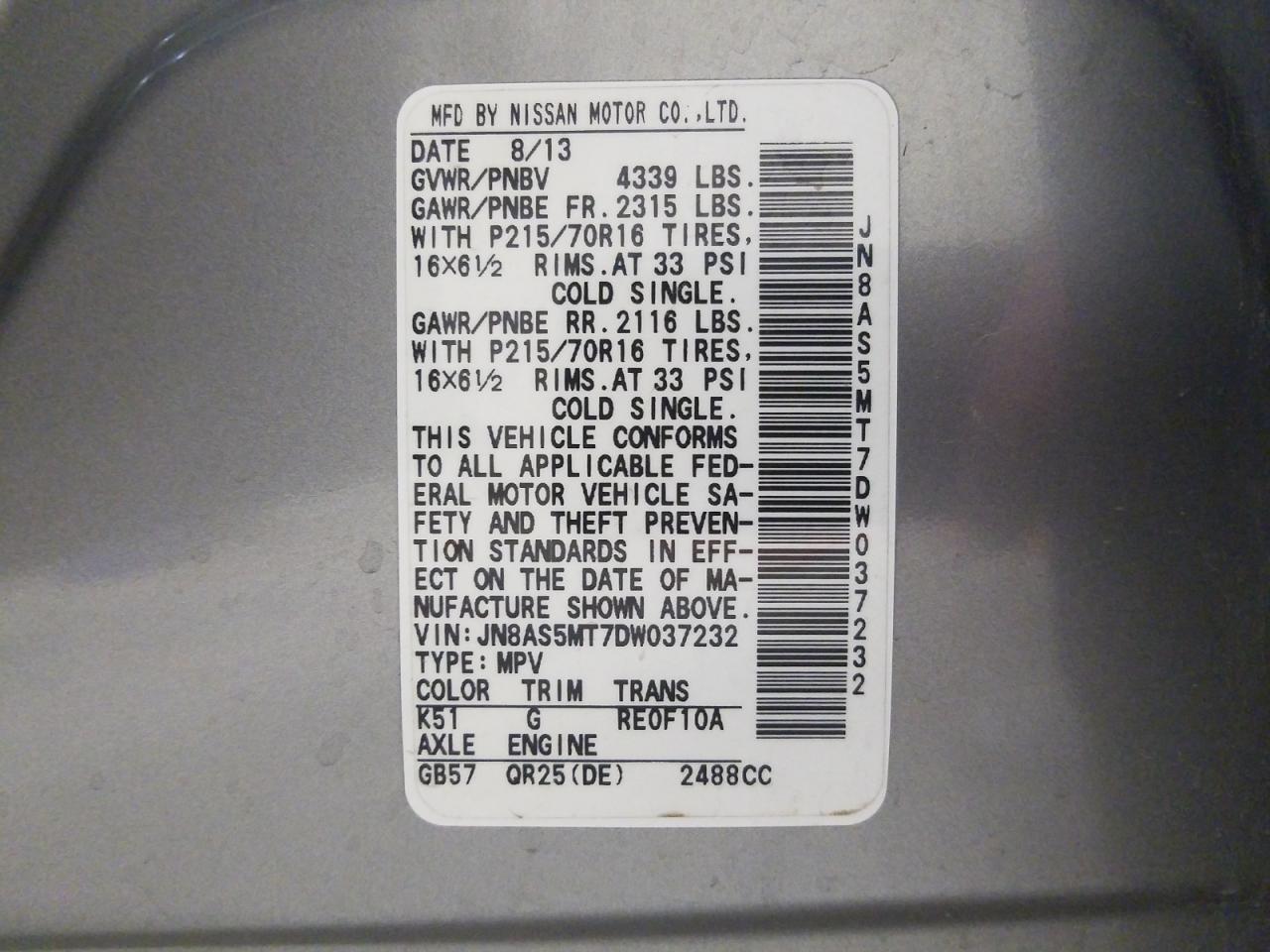 Photo 10 from auction – 2013 NISSAN ROGUE S with VIN JN8AS5MT7DW037232