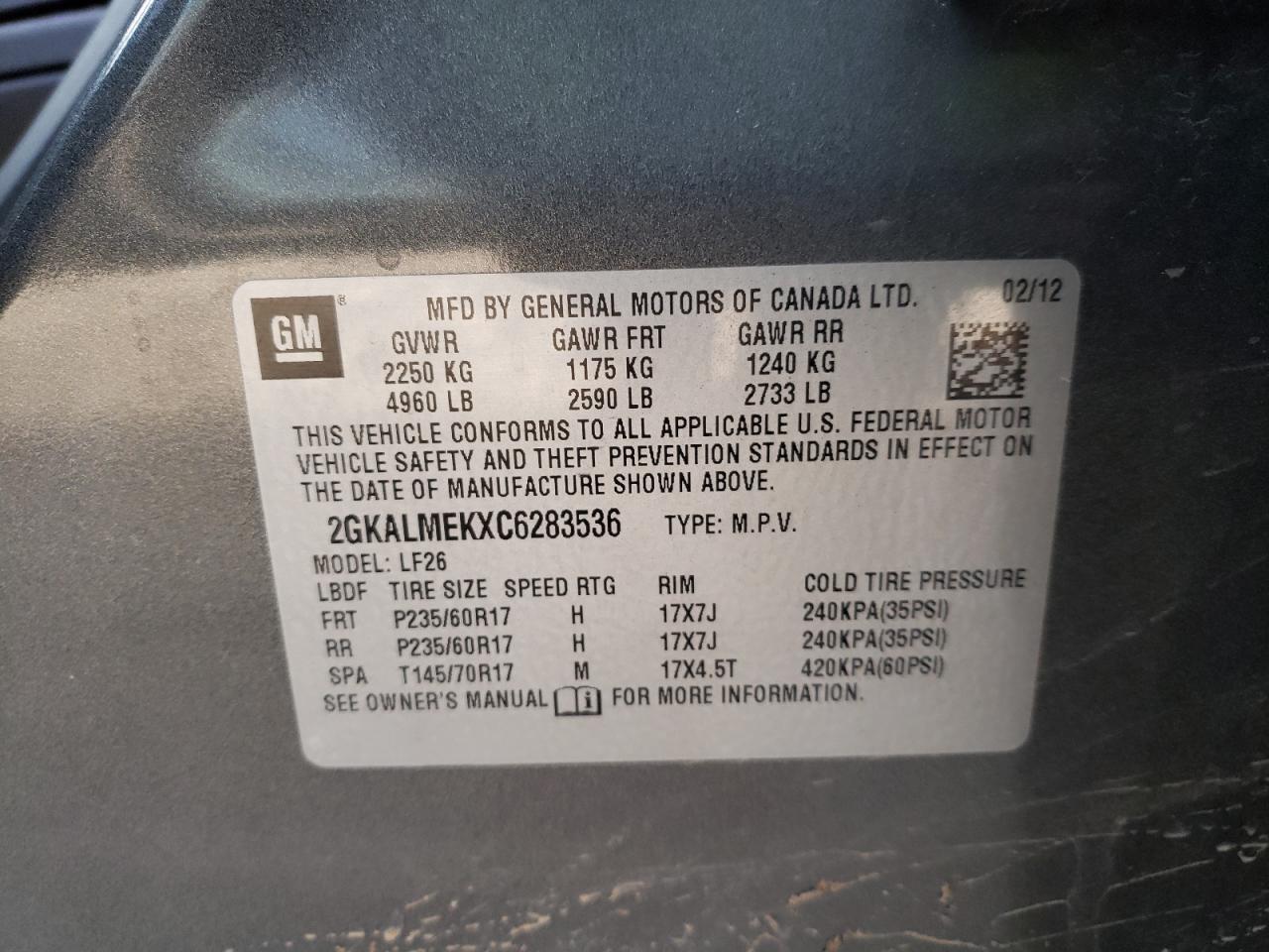 Photo 10 from auction – 2012 GMC TERRAIN SL with VIN 2GKALMEKXC6283536