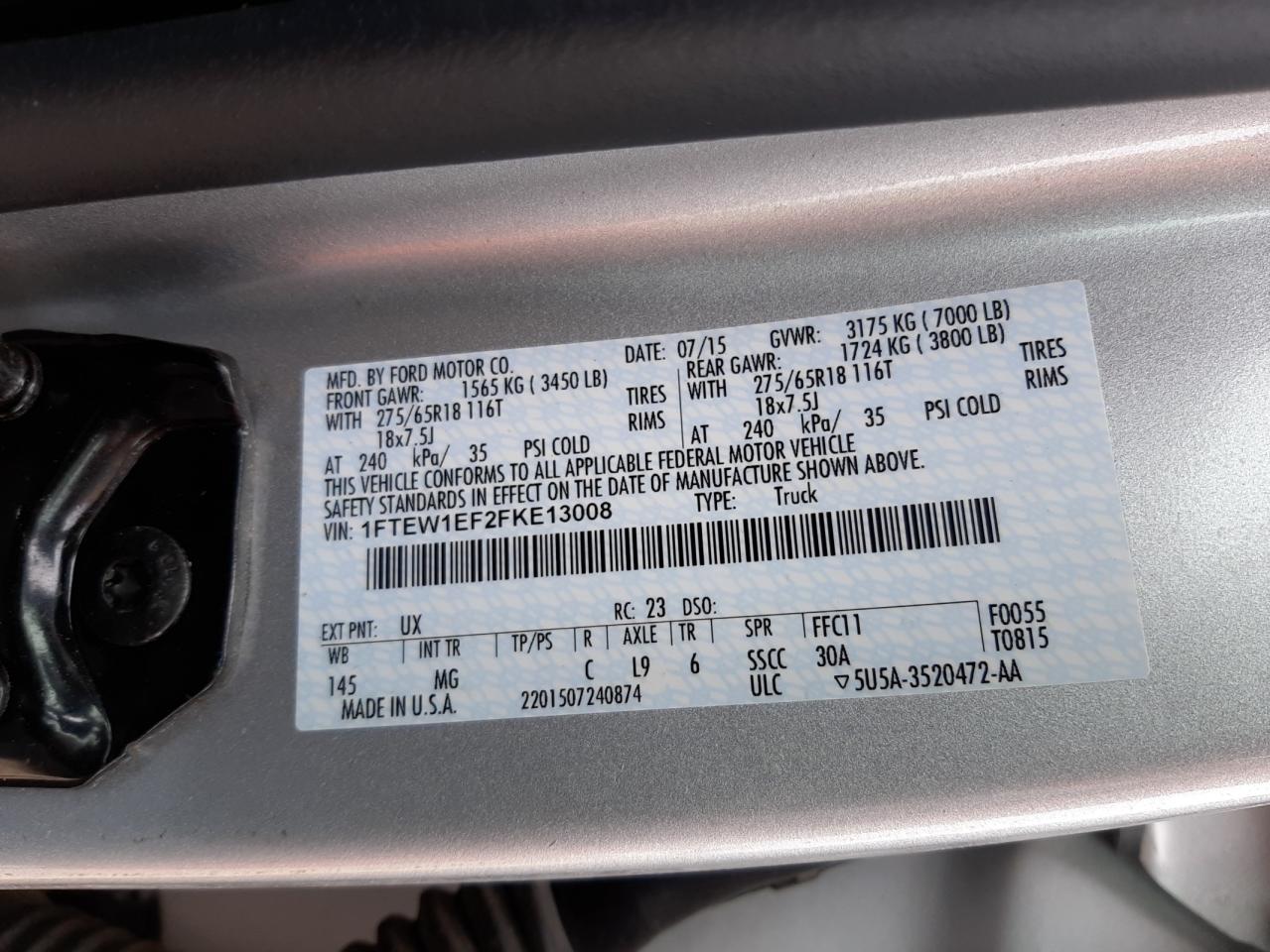 Photo 10 from auction – 2015 FORD F150 SUPER with VIN 1FTEW1EF2FKE13008