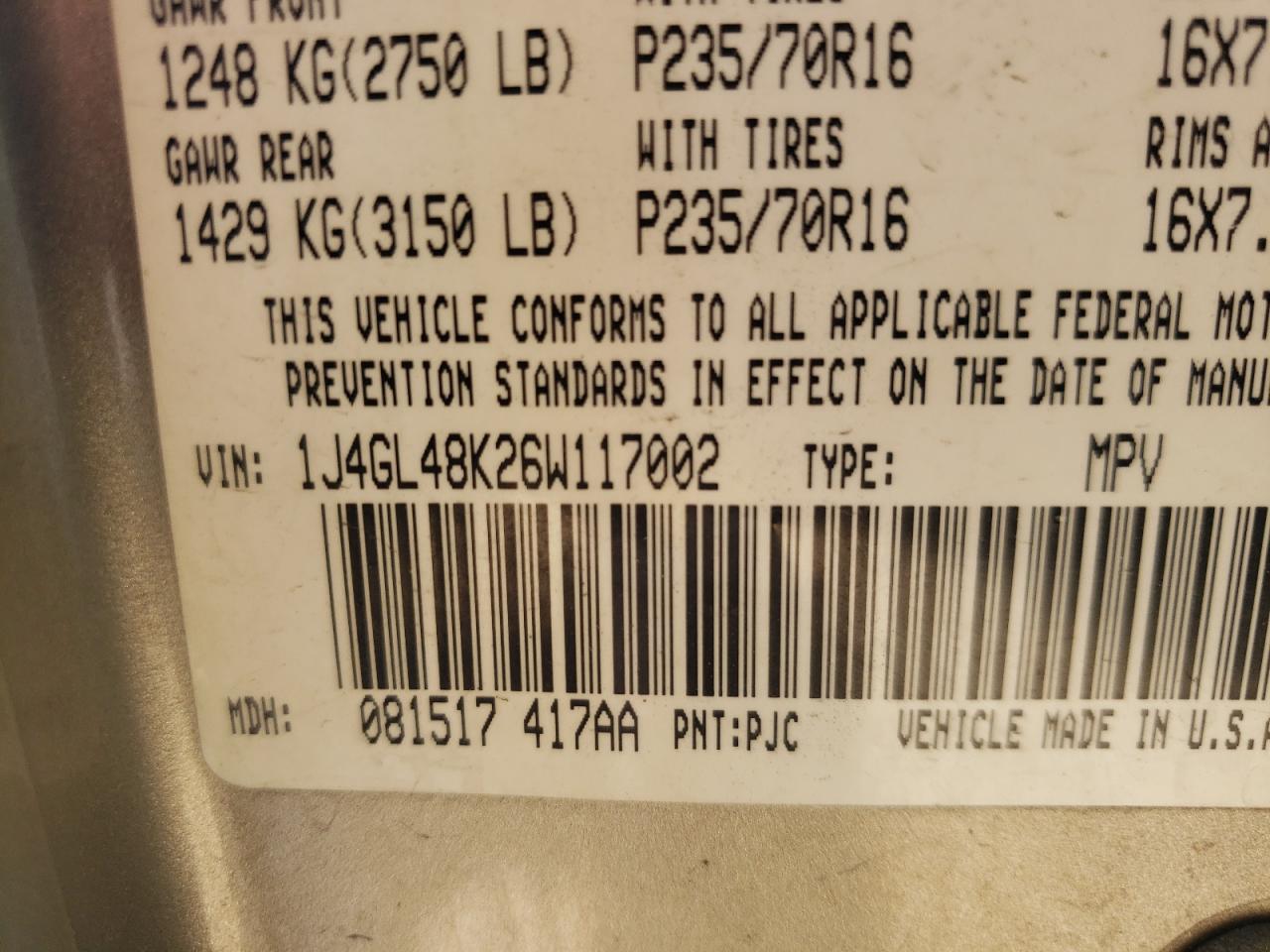 Photo 10 from auction – 2006 JEEP LIBERTY SP with VIN 1J4GL48K26W117002