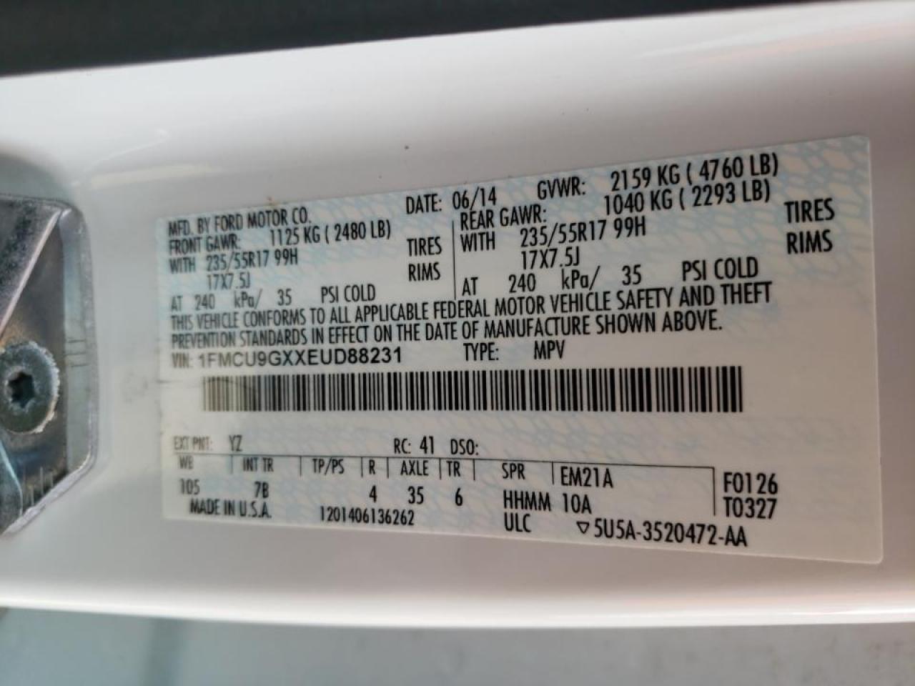 Photo 10 from auction – 2014 FORD ESCAPE SE with VIN 1FMCU9GXXEUD88231