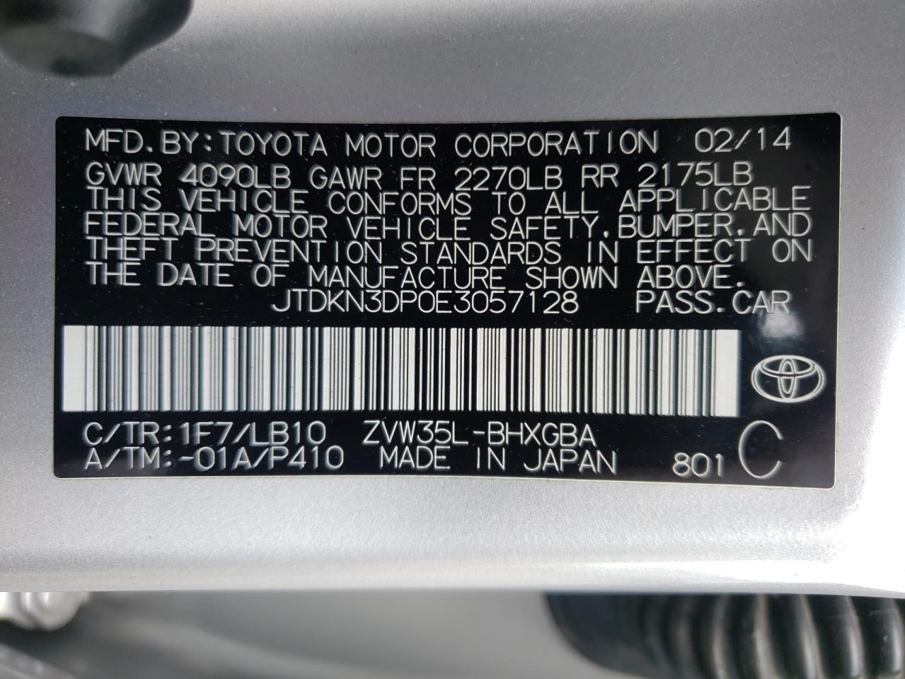 Photo 10 from auction – 2014 TOYOTA PRIUS PLUG with VIN JTDKN3DP0E3057128