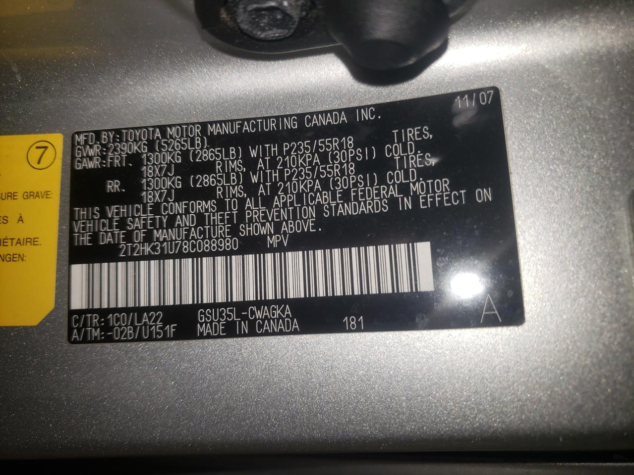 Photo 10 from auction – 2008 LEXUS RX 350 with VIN 2T2HK31U78C088980