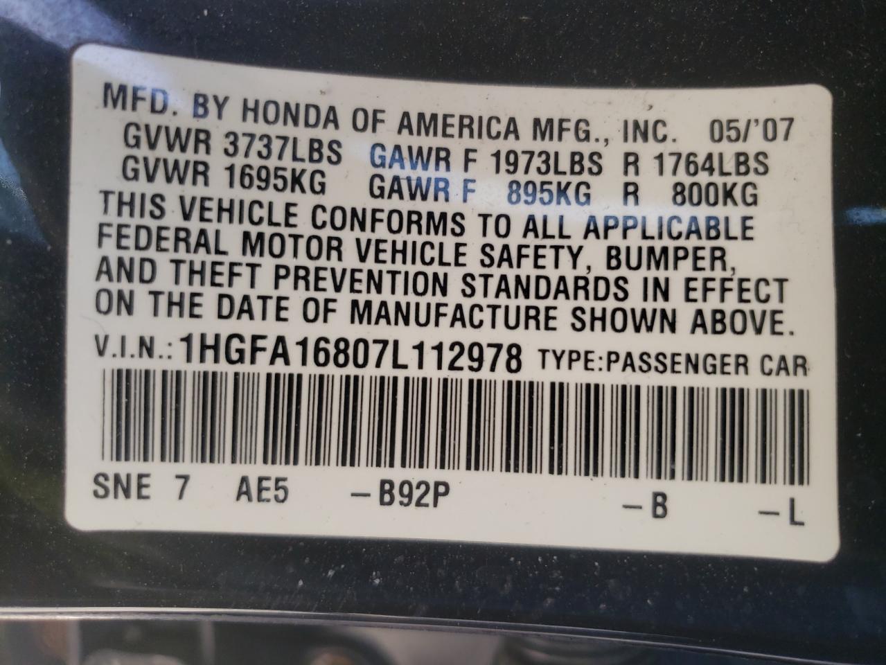 Photo 10 from auction – 2007 HONDA CIVIC EX with VIN 1HGFA16807L112978