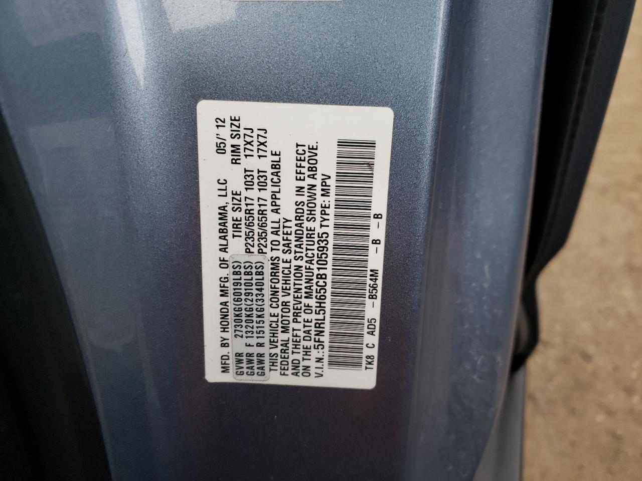 Photo 10 from auction – 2012 HONDA ODYSSEY EX with VIN 5FNRL5H65CB105935