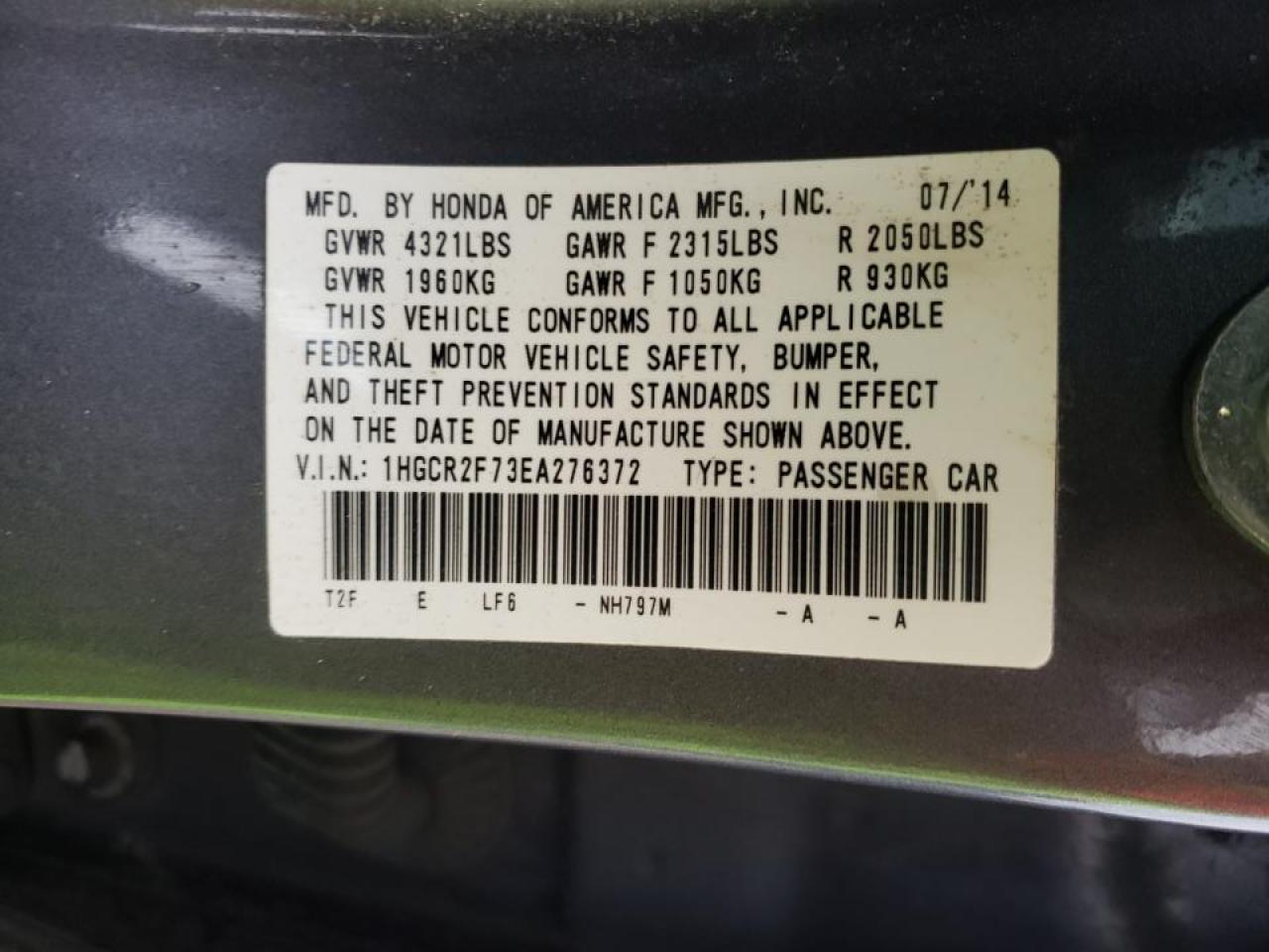 Photo 10 from auction – 2014 HONDA ACCORD EX with VIN 1HGCR2F73EA276372