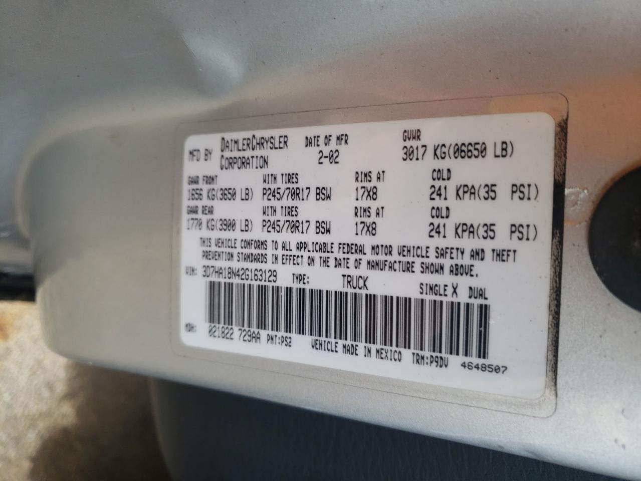 Photo 10 from auction – 2002 DODGE RAM 1500 with VIN 3D7HA18N42G163129