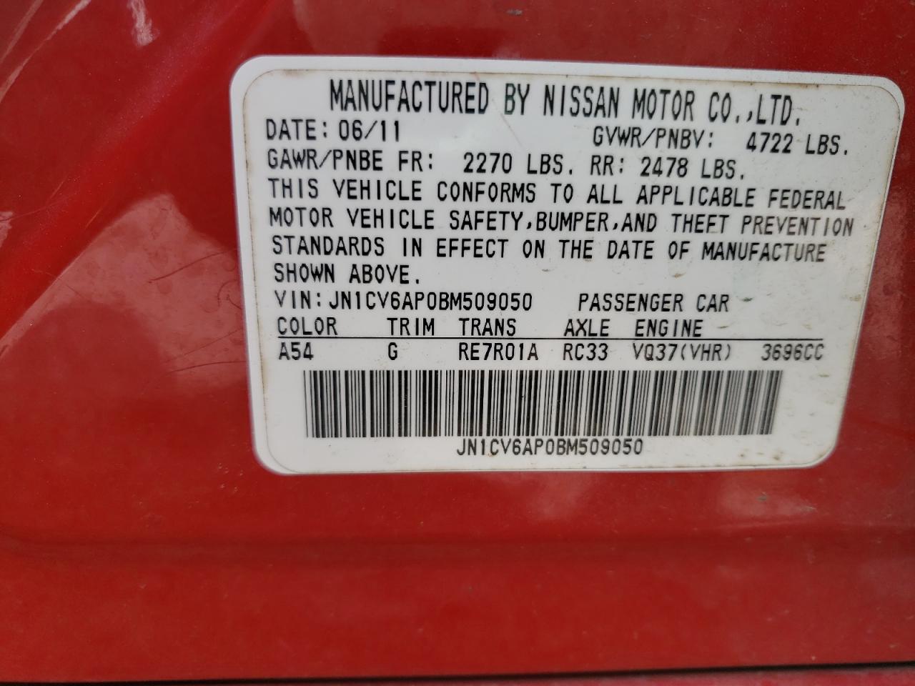 Photo 10 from auction – 2011 INFINITI G37 BASE with VIN JN1CV6AP0BM509050