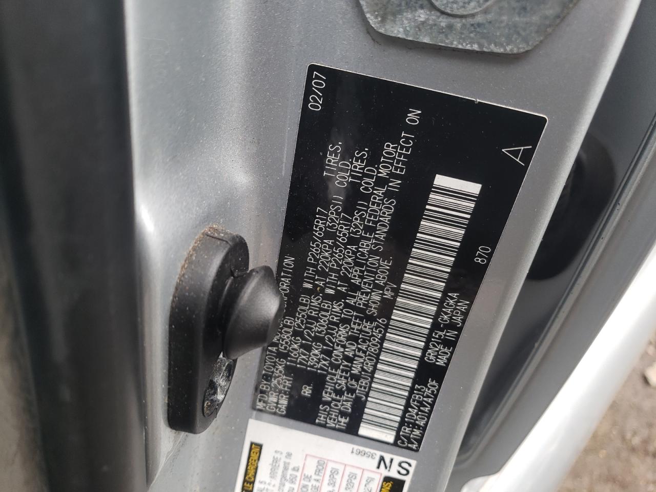 Photo 10 from auction – 2007 TOYOTA 4RUNNER SR with VIN JTEBU14R078094576
