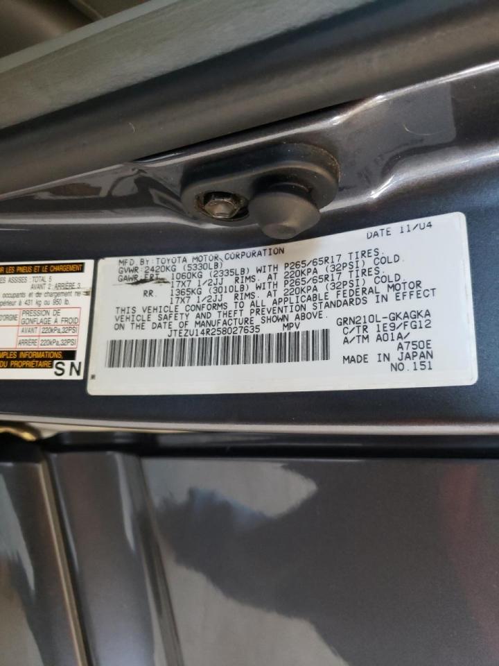 Photo 10 from auction – 2005 TOYOTA 4RUNNER SR with VIN JTEZU14R258027635