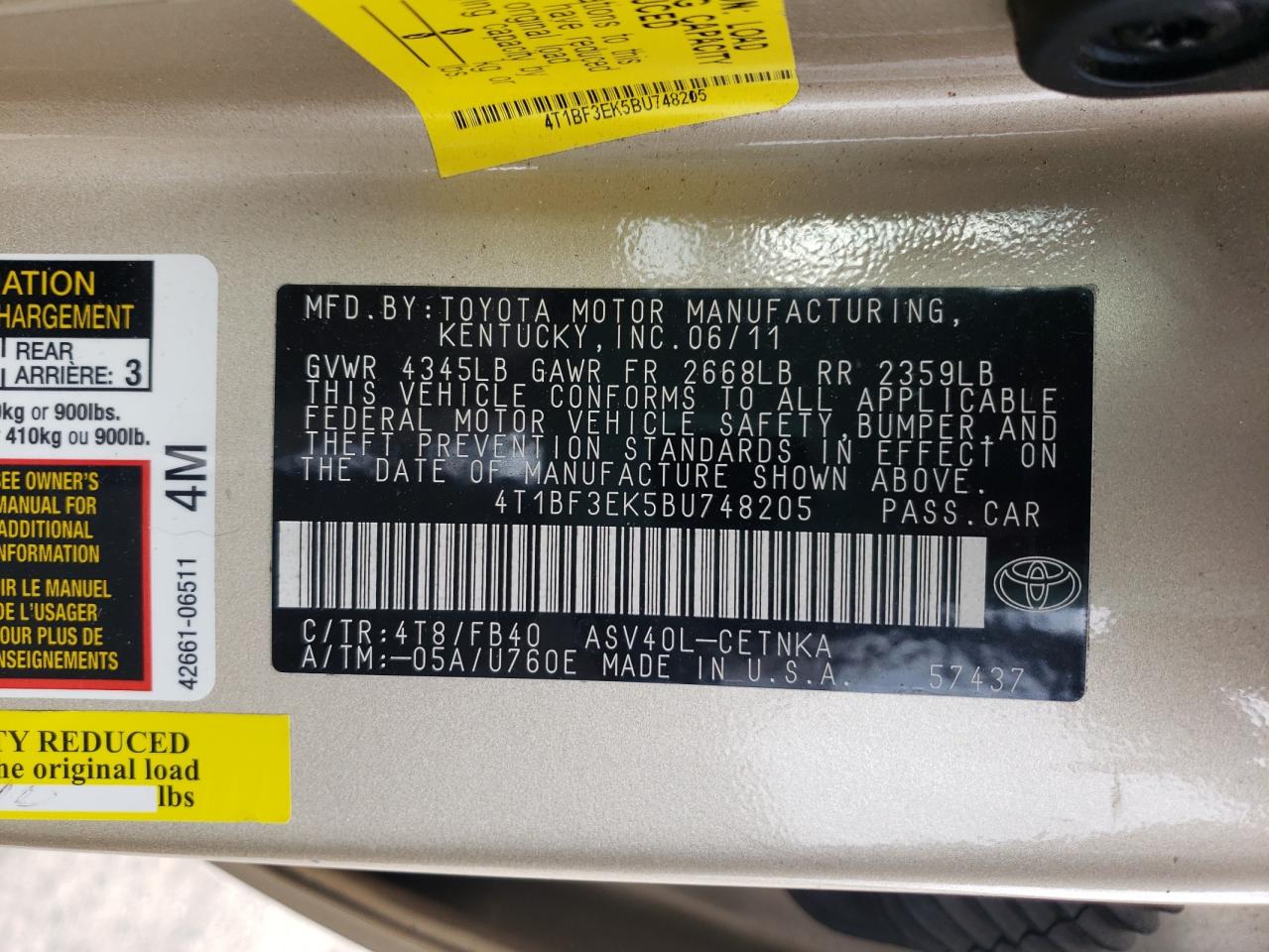 Photo 10 from auction – 2011 TOYOTA CAMRY BASE with VIN 4T1BF3EK5BU748205