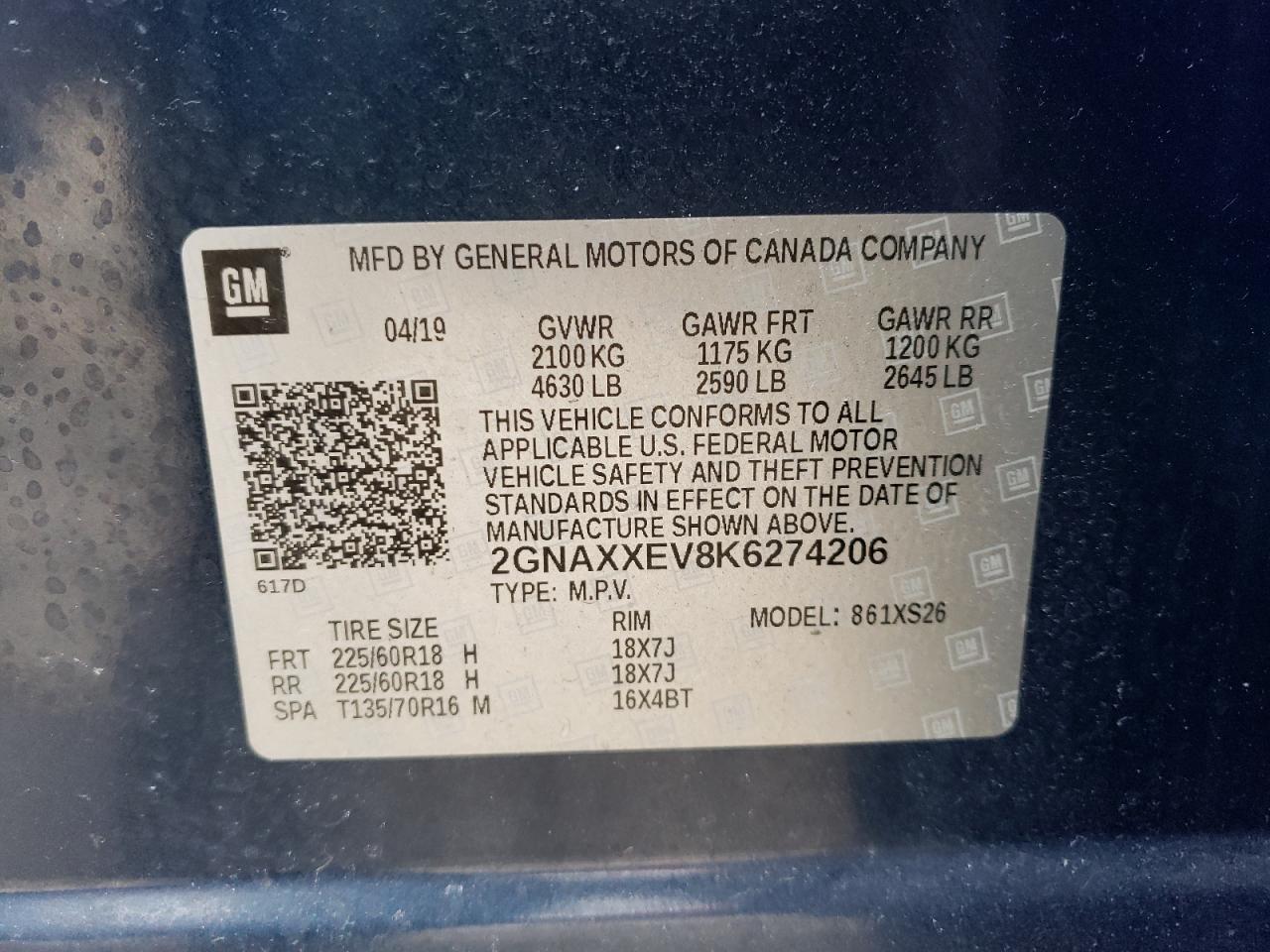 Photo 10 from auction – 2019 CHEVROLET EQUINOX PR with VIN 2GNAXXEV8K6274206