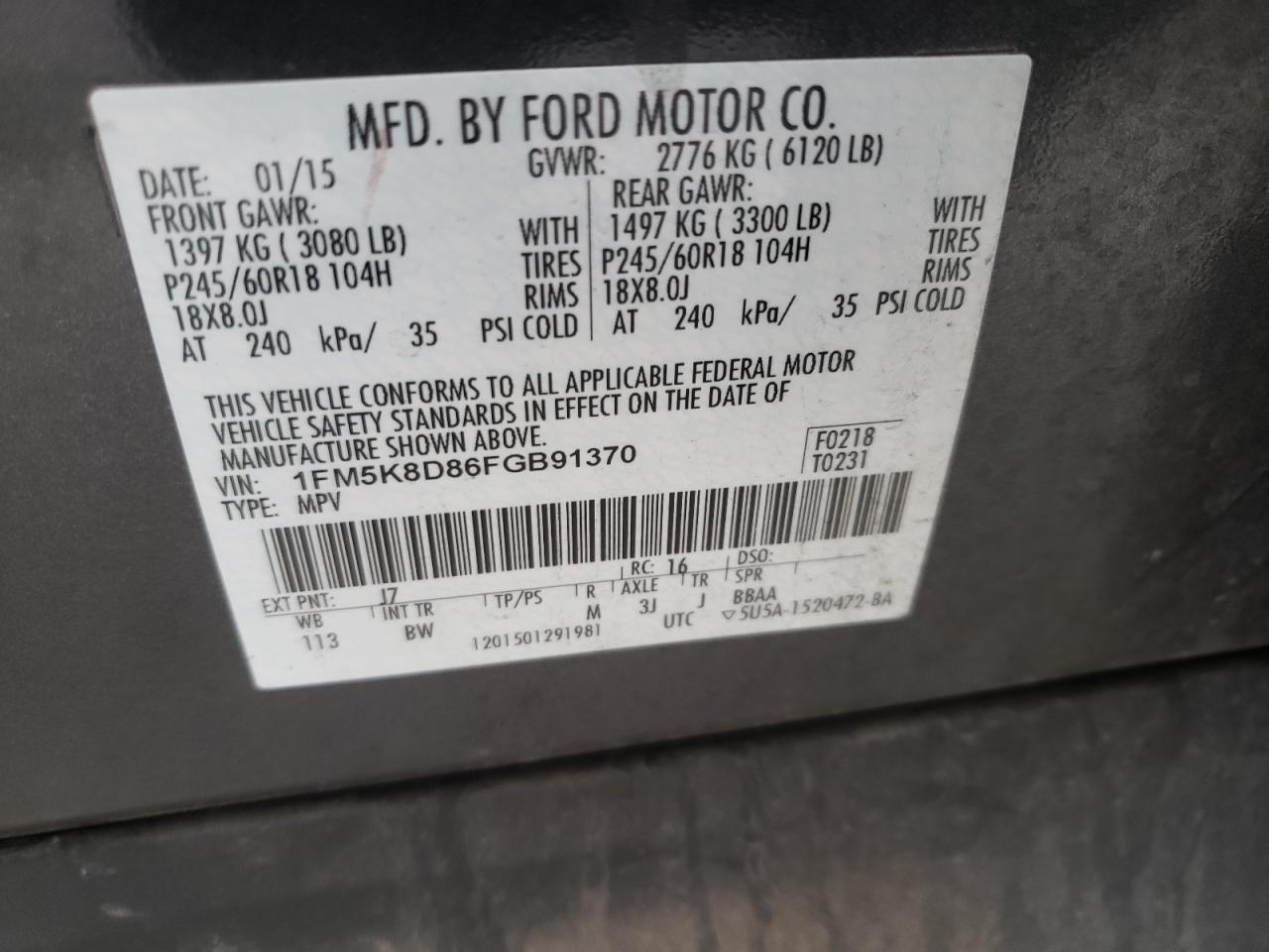 Photo 10 from auction – 2015 FORD EXPLORER X with VIN 1FM5K8D86FGB91370