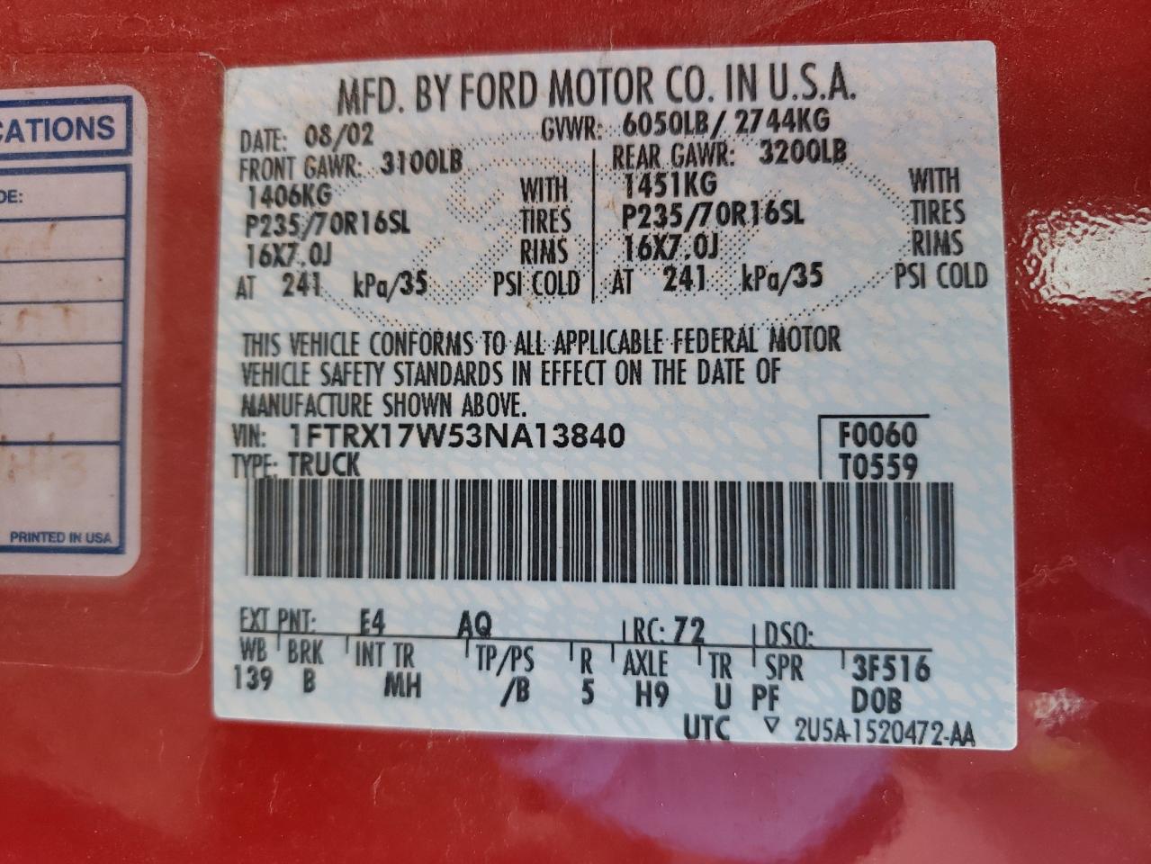 Photo 10 from auction – 2003 FORD F150 with VIN 1FTRX17W53NA13840