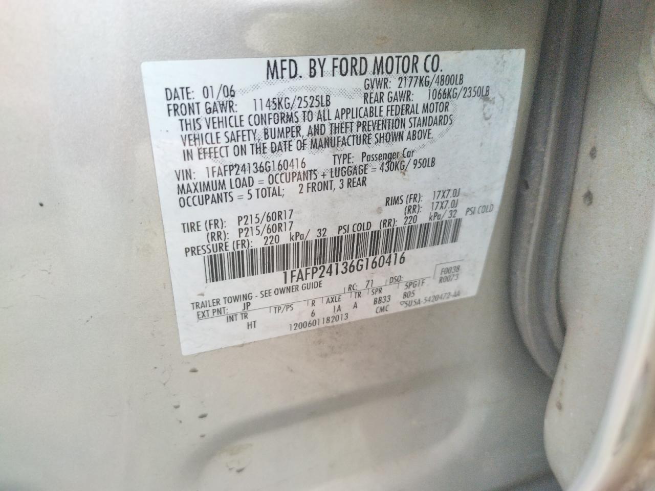 Photo 10 from auction – 2006 FORD FIVE HUNDR with VIN 1FAFP24136G160416