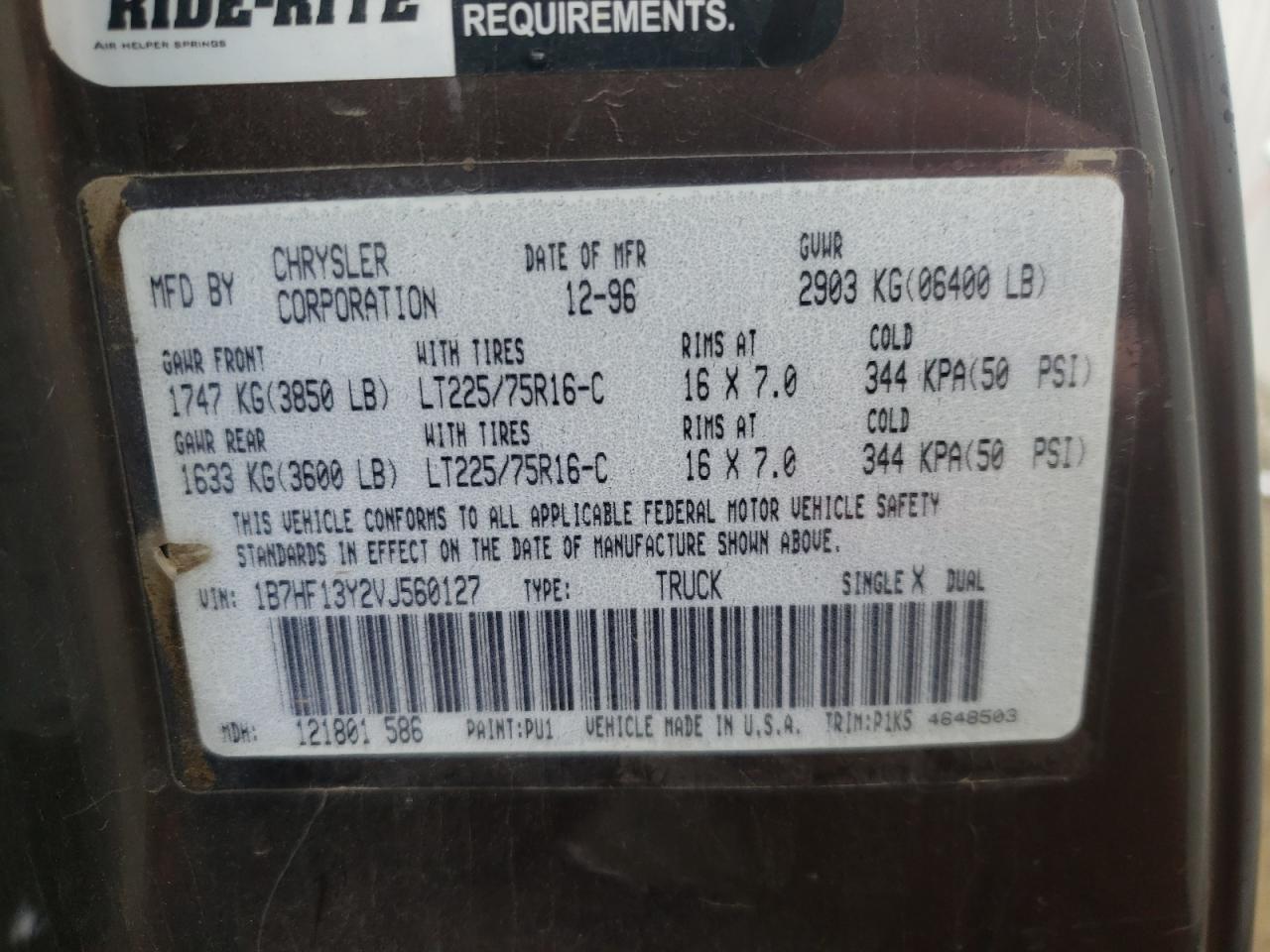 Photo 10 from auction – 1997 DODGE RAM 1500 with VIN 1B7HF13Y2VJ560127