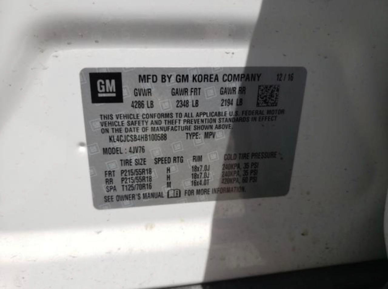 Photo 10 from auction – 2017 BUICK ENCORE ESS with VIN KL4CJCSB4HB100588