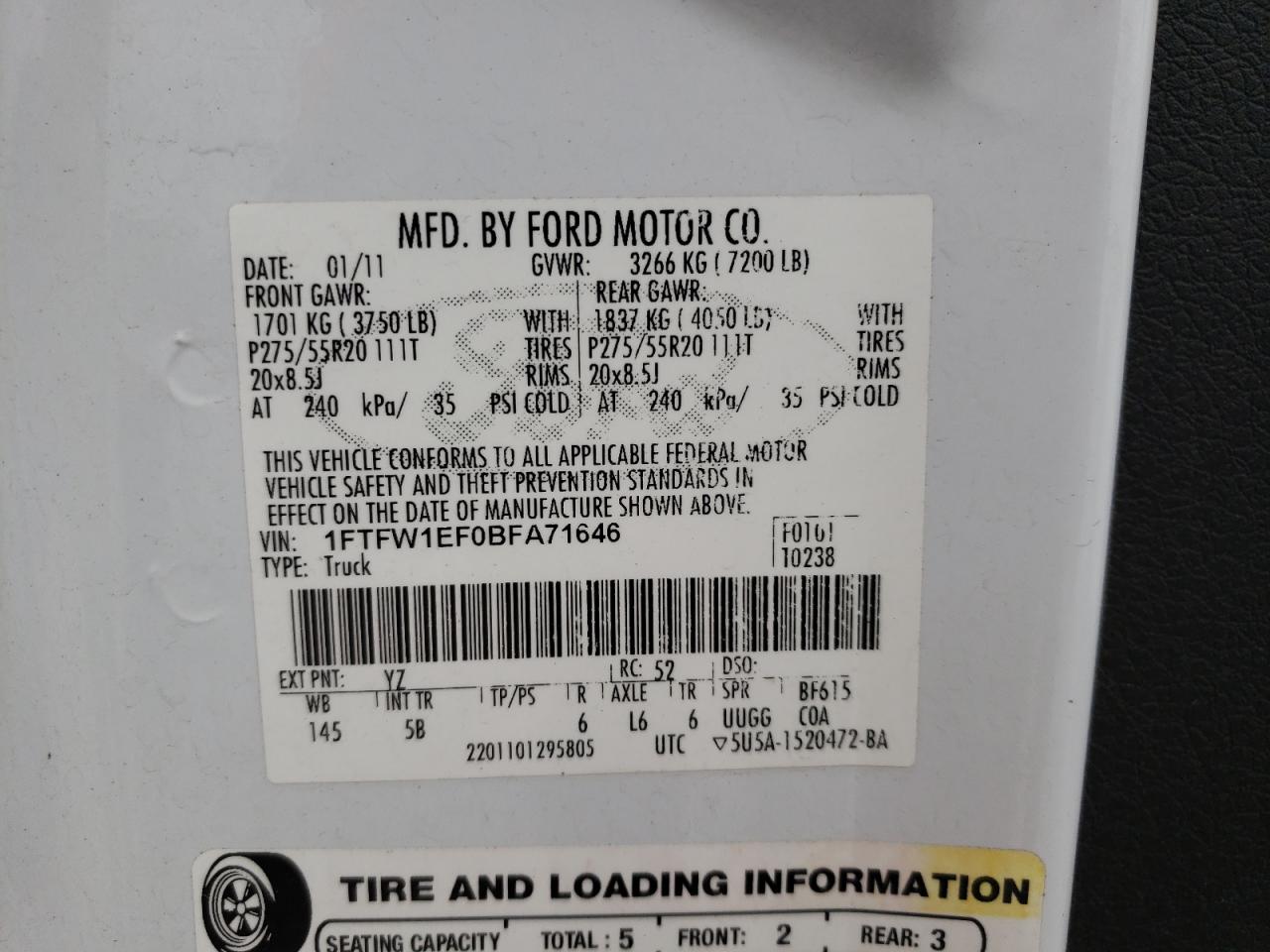 Photo 10 from auction – 2011 FORD F150 SUPER with VIN 1FTFW1EF0BFA71646