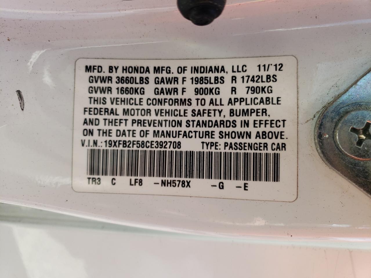 Photo 10 from auction – 2012 HONDA CIVIC LX with VIN 19XFB2F58CE392708