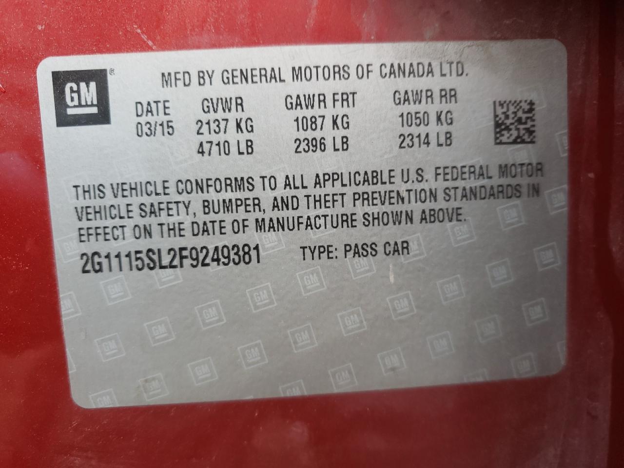 Photo 10 from auction – 2015 CHEVROLET IMPALA LT with VIN 2G1115SL2F9249381