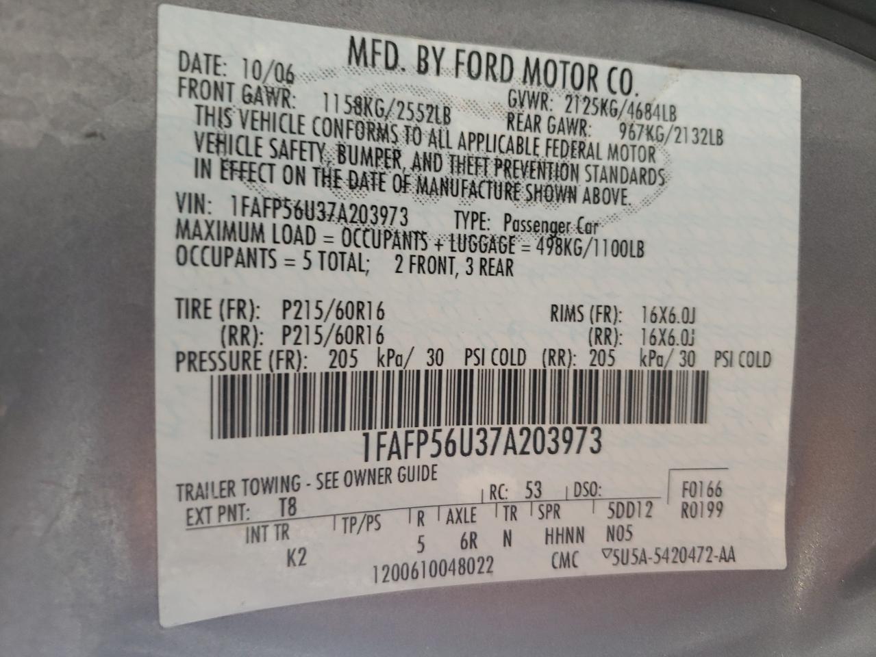 Photo 10 from auction – 2007 FORD TAURUS SEL with VIN 1FAFP56U37A203973