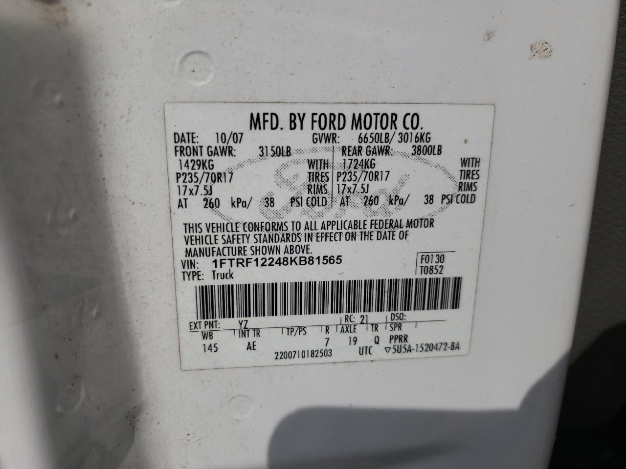 Photo 10 from auction – 2008 FORD F150 with VIN 1FTRF12248KB81565