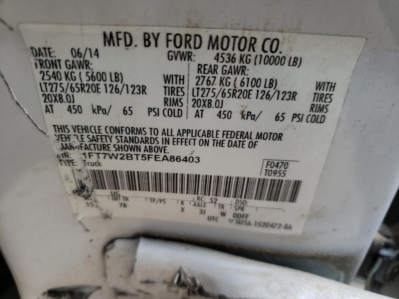 Photo 10 from auction – 2015 FORD F250 SUPER with VIN 1FT7W2BT5FEA86403