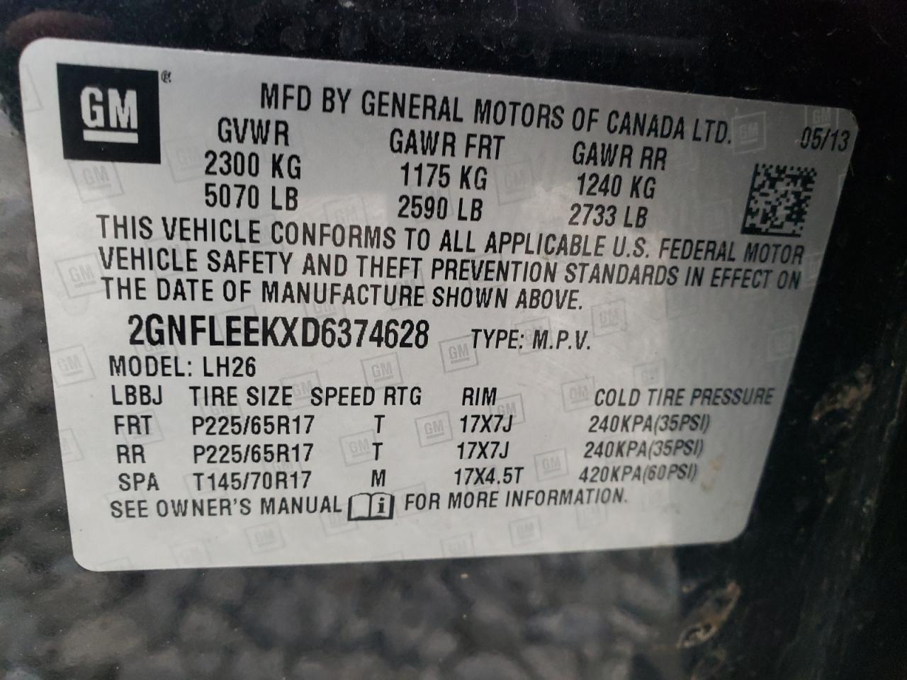 Photo 10 from auction – 2013 CHEVROLET EQUINOX LT with VIN 2GNFLEEKXD6374628