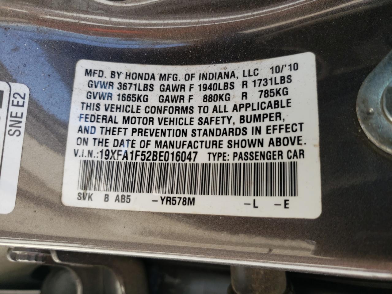 Photo 10 from auction – 2011 HONDA CIVIC LX with VIN 19XFA1F52BE016047