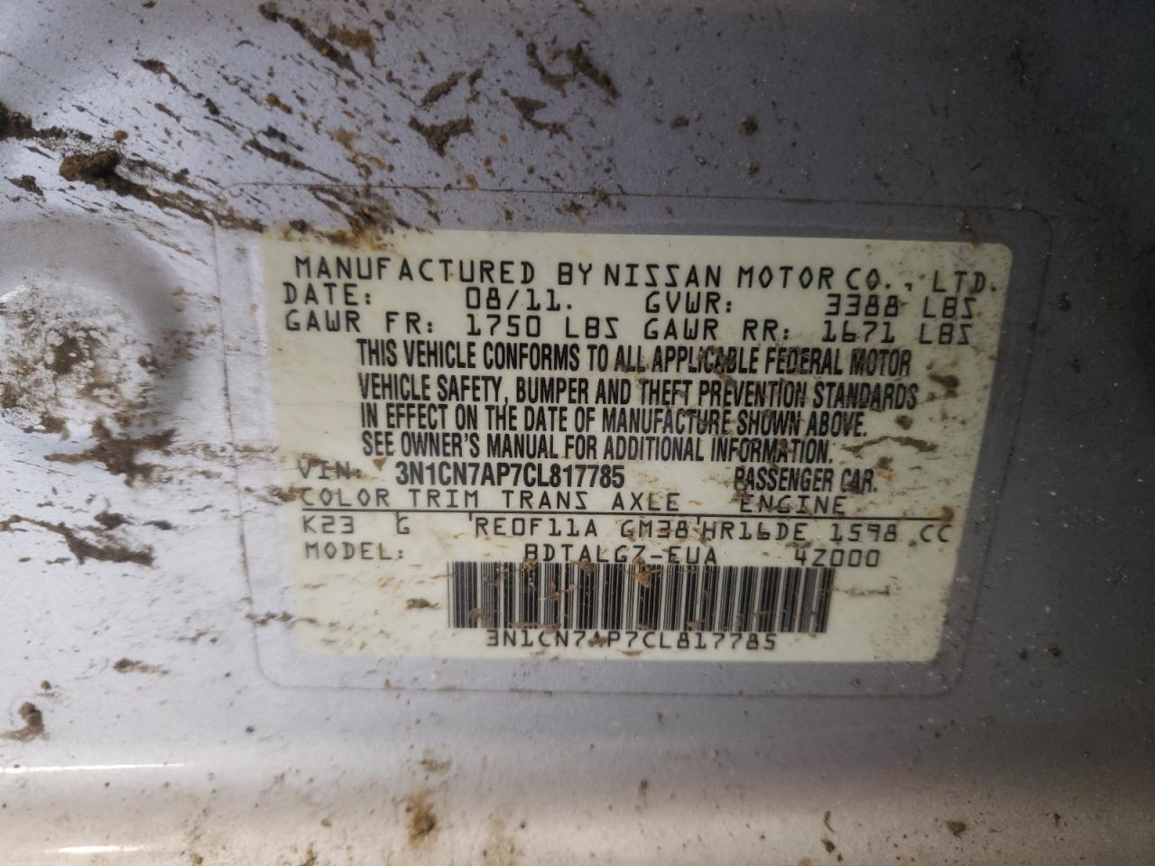 Photo 10 from auction – 2012 NISSAN VERSA S with VIN 3N1CN7AP7CL817785